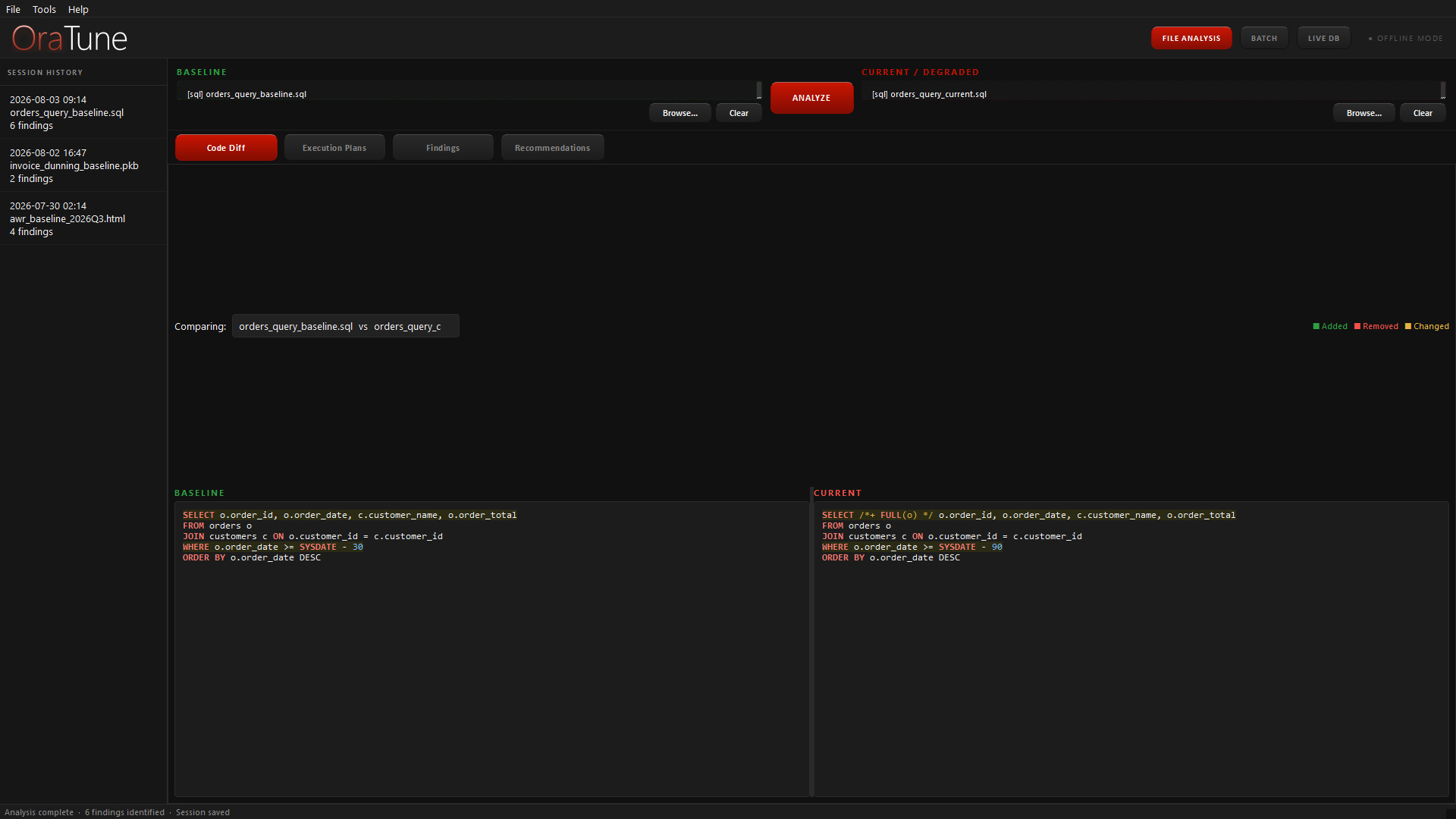OraTune Code Diff view: a baseline and current SQL statement shown side by side.