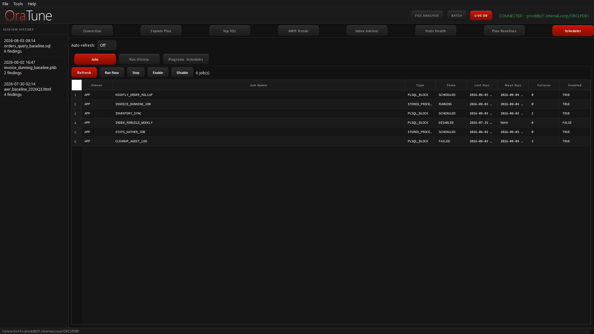 OraTune Scheduler view: DBMS_Scheduler jobs with their type, state, last run, and failure count.