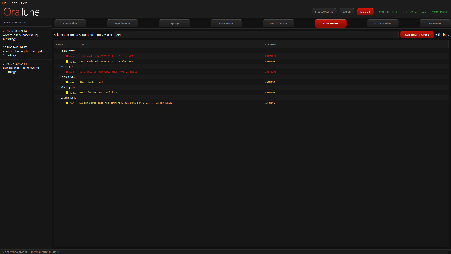 OraTune Stats Health view: optimizer-statistics issues grouped by check and severity.